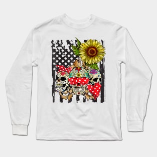 Sugar Skull American Flag Sunflower Floral Long Sleeve T-Shirt